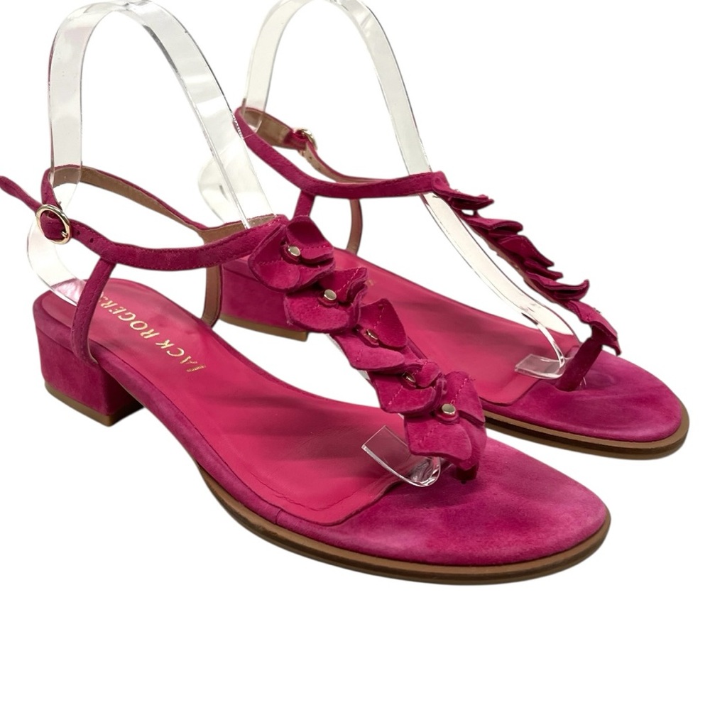 Jack Rogers Fuchsia Pink Suede Block Heel Floral T Strap Sandals Women’s 7.5 - Picture 2 of 14